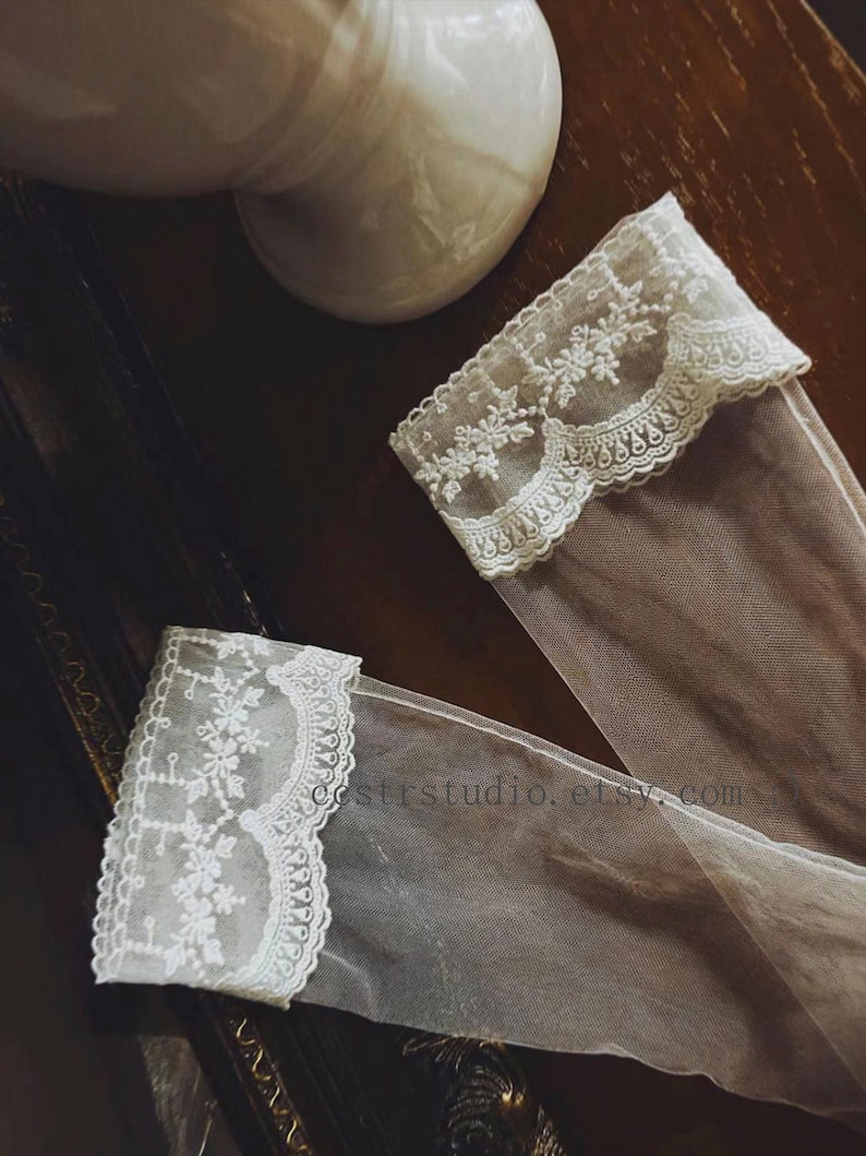 White Tulle Lace Opera Gloves, Sheer Bridal Wedding Gloves, Elegant Formal Styling image 5
