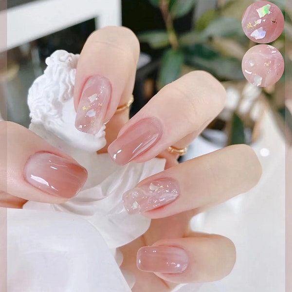 Nude Pink Gradient Sequin Nails, Gorgeous Halo Nails, Sweet and Gentle Bridal Nails, Valentine's Day Gift, Handmade Wearable Nails