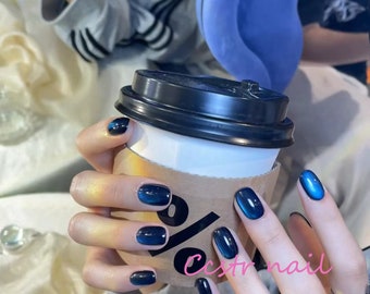 Handgefertigte Blaue Katzenauge Glitter Gel Nagel Set