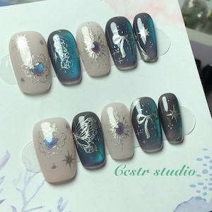 Galaxy Cat Eye Press On Nails | Celestial Heart & Star Design | Blue Gradient Handmade False Nails | Reusable Nail Art Gift Set