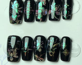 Holographic Press On Nails: Black Iridescent Floral Nail Art