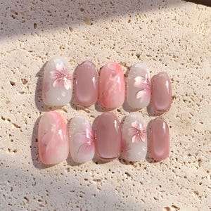 Hand Painted Floral Cat Eye Nails, Pink Marble Press On Set