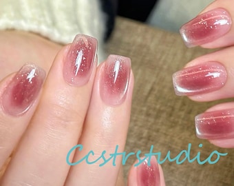 Handgefertigte Weinrot Ombre Press-On Nägel: Glitter Jelly Square Nagelset