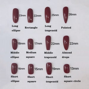 Pode incluir: Gr&aacute;fico mostrando diferentes formas e tamanhos de unhas, incluindo elipse longa, ret&acirc;ngulo, trap&eacute;zio longo, pontiagudo, elipse m&eacute;dia, quadrado m&eacute;dio, trap&eacute;zio m&eacute;dio, gotas de am&ecirc;ndoa, elipse curta, quadrado curto, trap&eacute;zio curto e c&iacute;rculo quadrado curto. Os tamanhos s&atilde;o medidos em mil&iacute;metros.
