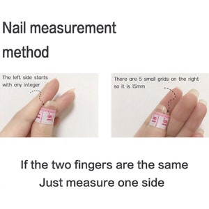 Pode incluir: Diagrama que mostra como medir o tamanho do dedo para as pontas das unhas. O lado esquerdo da fita m&eacute;trica come&ccedil;a com qualquer n&uacute;mero inteiro. O lado direito mostra 5 grades pequenas, que equivalem a 15 mm. O texto diz: "M&eacute;todo de medi&ccedil;&atilde;o de unhas. O lado esquerdo come&ccedil;a com qualquer n&uacute;mero inteiro. Existem 5 grades pequenas &agrave; direita, o que d&aacute; 15 mm. Se os dois dedos forem iguais, basta medir um lado."