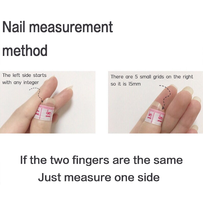 Pode incluir: Diagrama que mostra como medir o tamanho do dedo para as pontas das unhas. O lado esquerdo da fita m&eacute;trica come&ccedil;a com qualquer n&uacute;mero inteiro. O lado direito mostra 5 grades pequenas, que equivalem a 15 mm. O texto diz: "M&eacute;todo de medi&ccedil;&atilde;o de unhas. O lado esquerdo come&ccedil;a com qualquer n&uacute;mero inteiro. Existem 5 grades pequenas &agrave; direita, o que d&aacute; 15 mm. Se os dois dedos forem iguais, basta medir um lado."