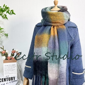 Green Plaid Mohair Scarf: Fringed Gradient Shawl