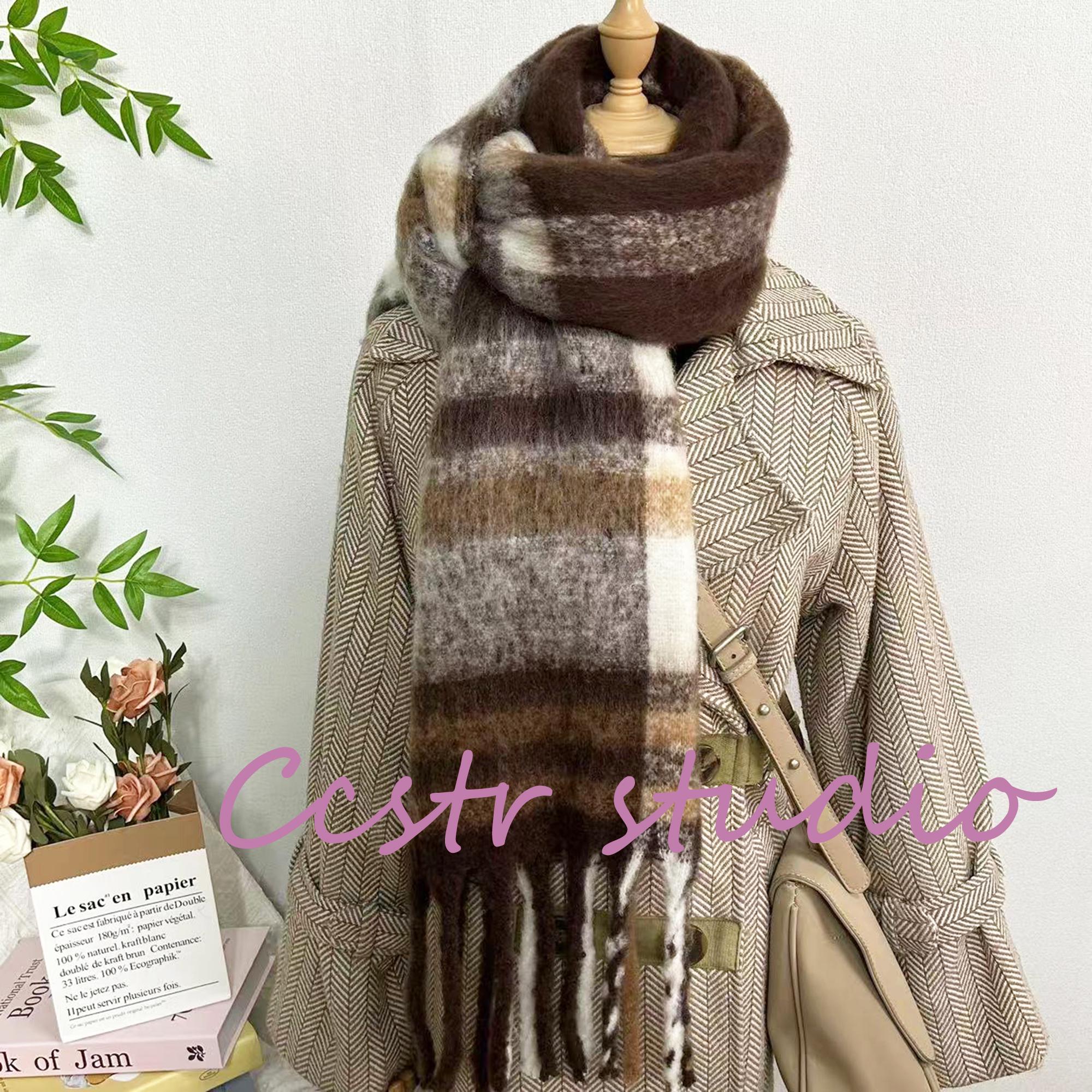 Brown Plaid Mohair Scarf: Cozy Coffee Beige Winter Shawl - Etsy Norway