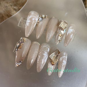 Champagne Glitter Press On Nails: Rhinestone Stiletto Nail Art Set