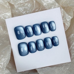 Dark Blue Cat Eye Press On Nails: Glitter Galaxy Reusable False Nails