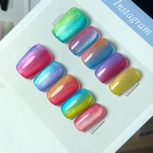 Rainbow Cat Eye Press On Nails: glanzend chroom, herbruikbare nagelset