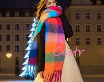 Heller Regenbogen Karierter Mohair Schal, Winter Schal mit Quasten