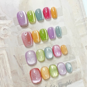 Cat eye rainbow press on manicure, hand painted rainbow cat eyes, custom gel press on nails, magnetic cat eye nails, summer nails