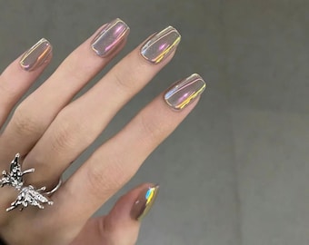 Glitter cat eye press-on nails, aurora borealis nails, glittery wedding nails, seaside beach nails, illusion cat eye nails