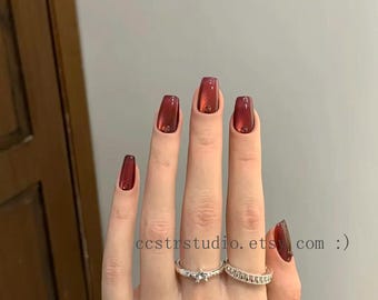 Rot Braun Katzenauge Drücken Sie auf die Nägel | Wein magnetische Glow, Handgemacht