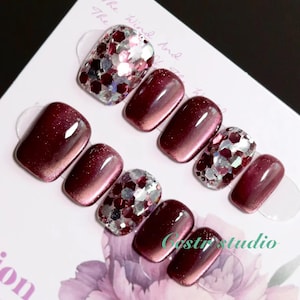 Red Chrome Glitter Press On Nails: Burgundy Ombre, Sequin Accent