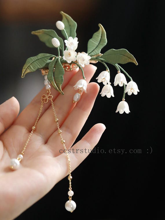Handcrafted Lily of the Valley Hair Pin, Pearl Tassel Bridal Clip