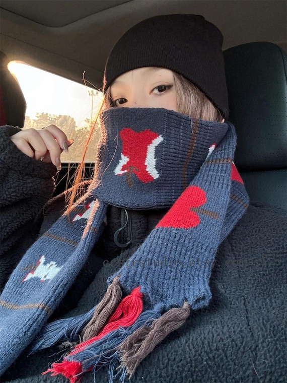 Handmade Navy Knit Apple Scarf: Cozy Winter Tassel Wrap - Etsy