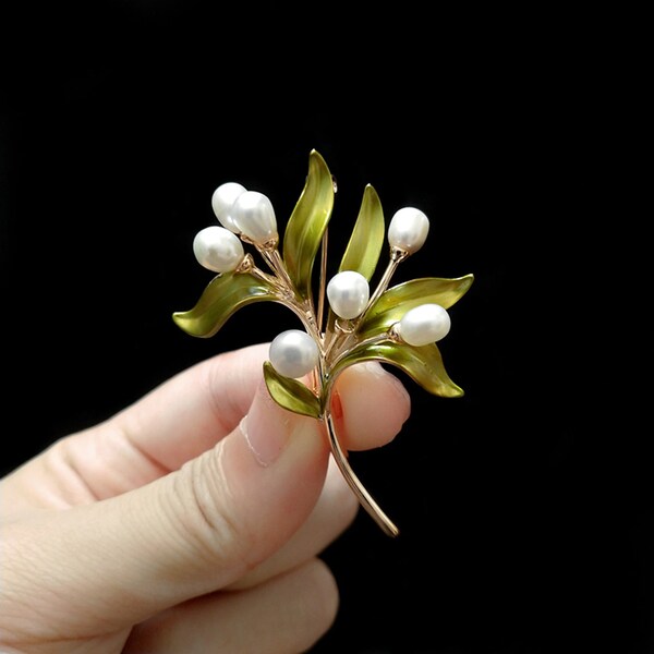 Broche de perlas rama de olivo, broche de perlas naturales, ramillete sencillo y elegante, alfiler de traje, complementos de boda, regalo del día de la madre