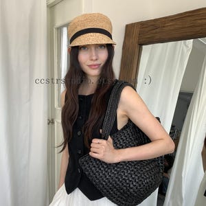Natural Raffia Newsboy Cap, Handwoven Straw Visor Hat, Adjustable Summer Sun Hat