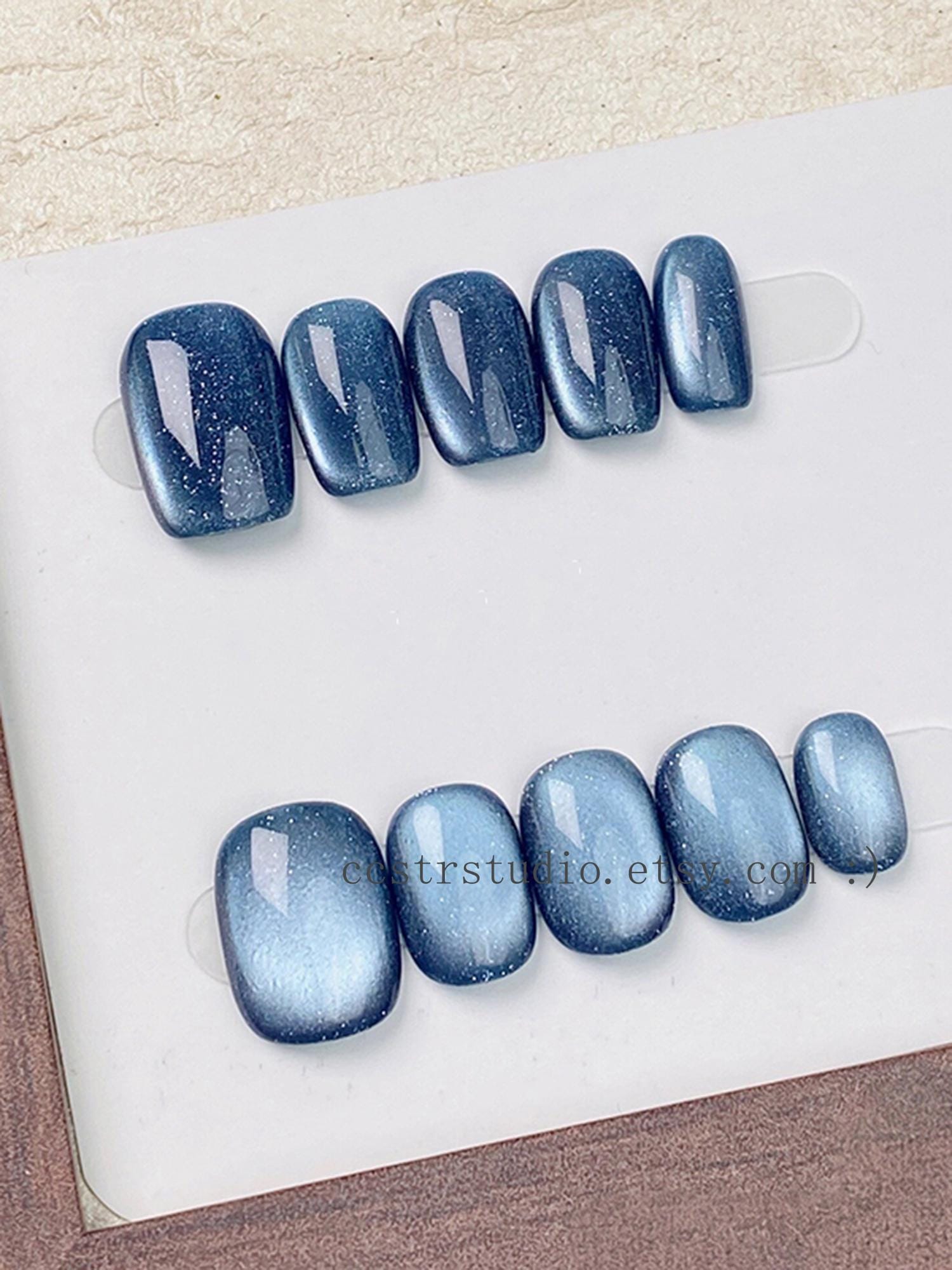 Blue Silver Cat Eye Press On Nails Glossy Gradient Reusable Manicure