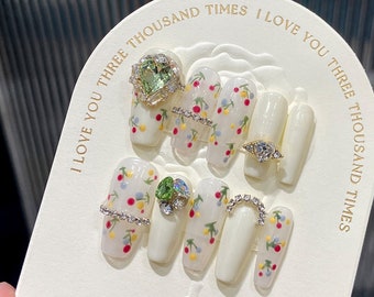 Monet's Garden Diamond Nails, Diamond Press On Nails, Hand Painted Rustic Floral Nails