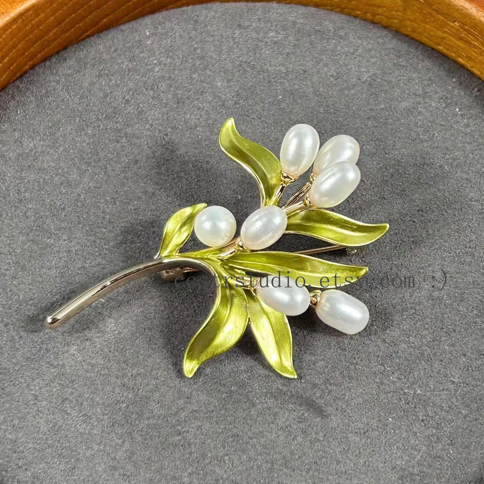 Gold Olive Branch Brooch, Green Leaf Pearl Lapel Pin, Nature Botanical ...