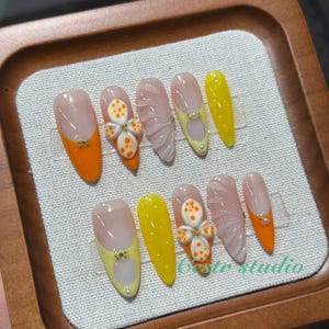 3D Flower Press On Nails: Yellow Orange Glossy Handmade Nail Set