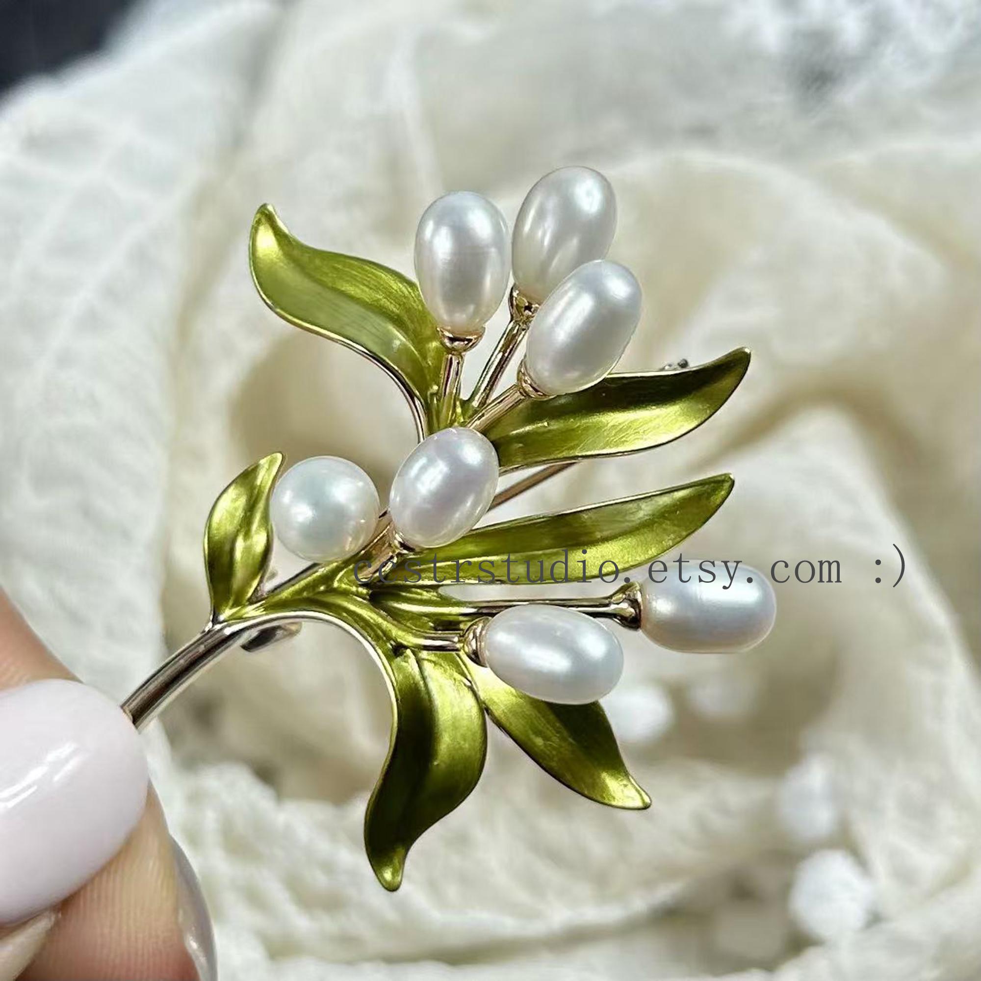 Gold Olive Branch Brooch, Green Leaf Pearl Lapel Pin, Nature Botanical ...