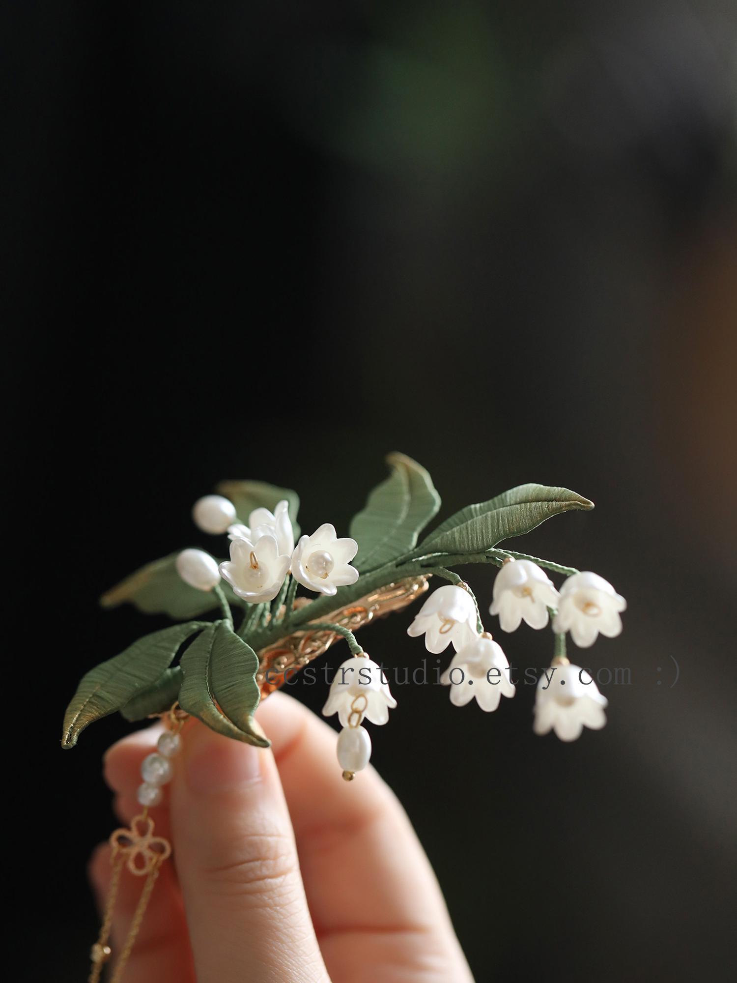 Handcrafted Lily of the Valley Hair Pin, Pearl Tassel Bridal 