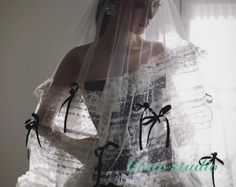 Black Bowknot Lace Wedding Veil – Romantic Bridal Headpiece, Elegant Accessory (140x140 cm)