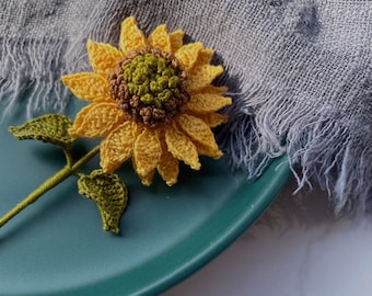 Sunflower Brooch, Lace Flower Decoration, Crochet Sunflower Brooch, Flower Botanical Brooch, Knitted Jewelry