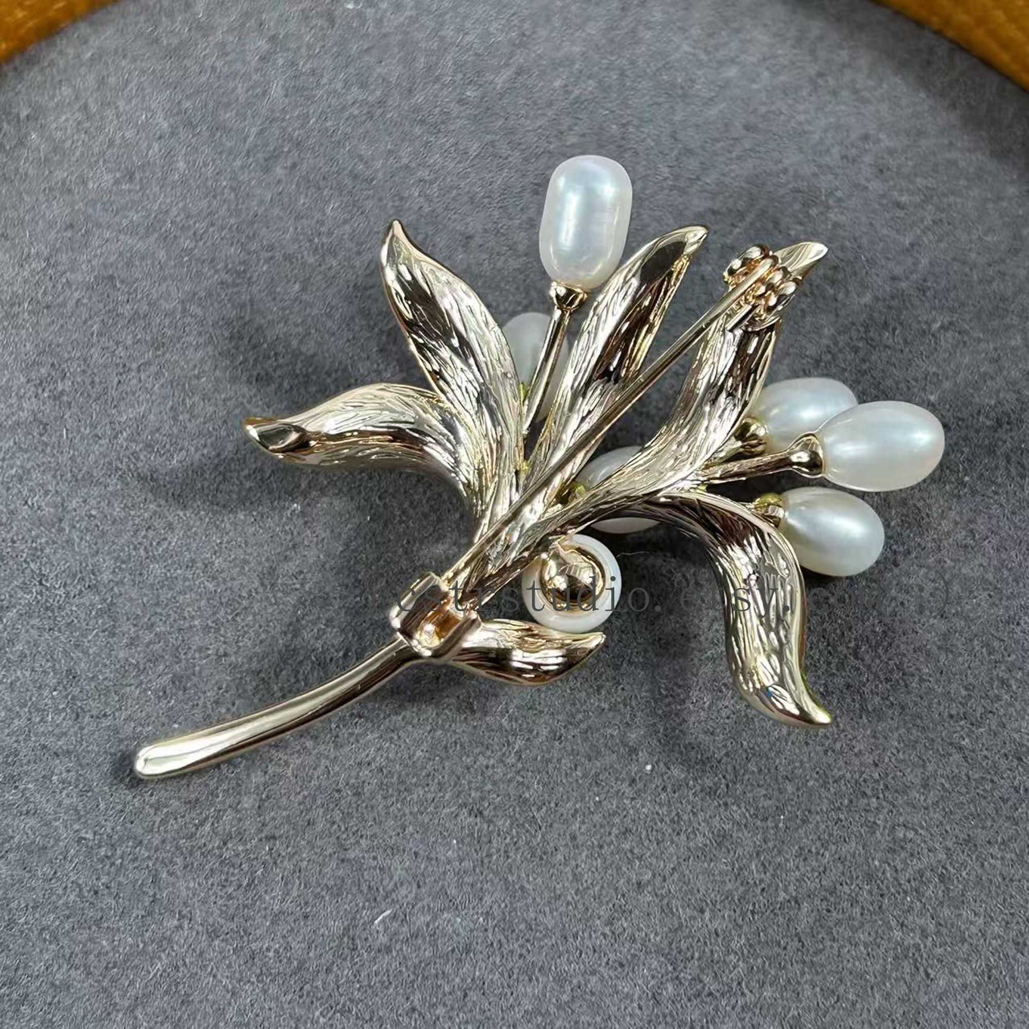 Gold Olive Branch Brooch, Green Leaf Pearl Lapel Pin, Nature Botanical ...