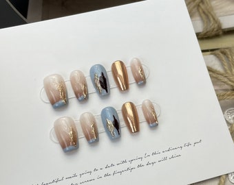 Blue French pressed nails, gold chrome nails, handmade nails, minimalist