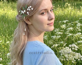 Handgemaakte lelietje-van-dalen haarspeld, bruidsclip parel kwastje, bos bruiloftsaccessoire