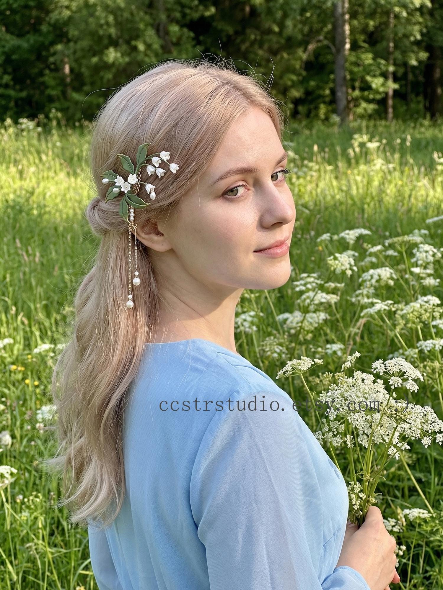アクセサリー LHNjewelry Handcrafted Lily of the Valley Hair Pin, Pearl Tassel Bridal Clip