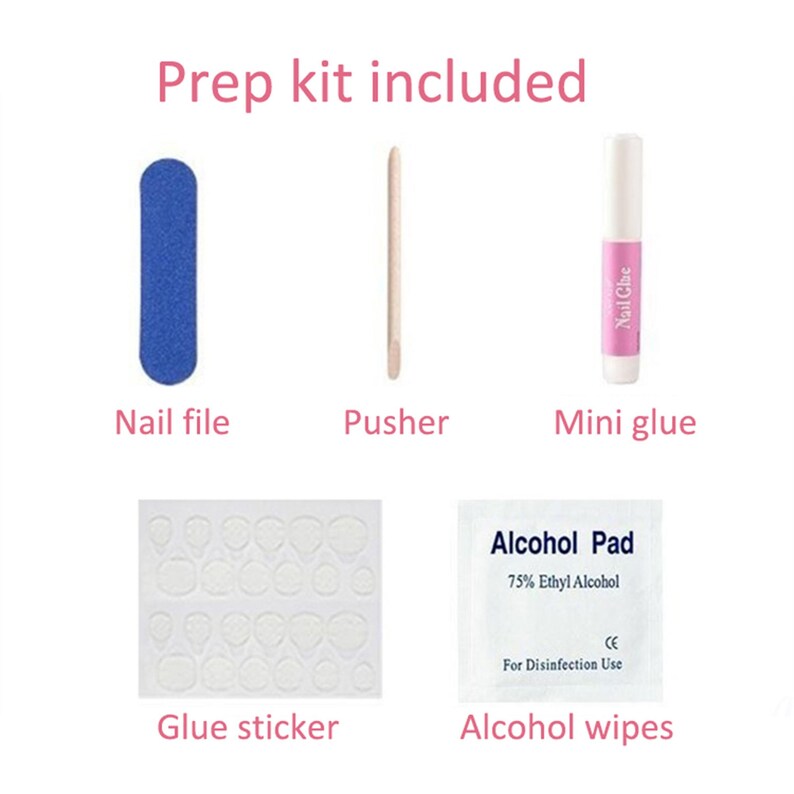 May include: A nail prep kit with a blue nail file, a wooden cuticle pusher, a small bottle of nail glue, a sheet of clear glue stickers, and an alcohol wipe. The kit is labeled "Prep kit included".