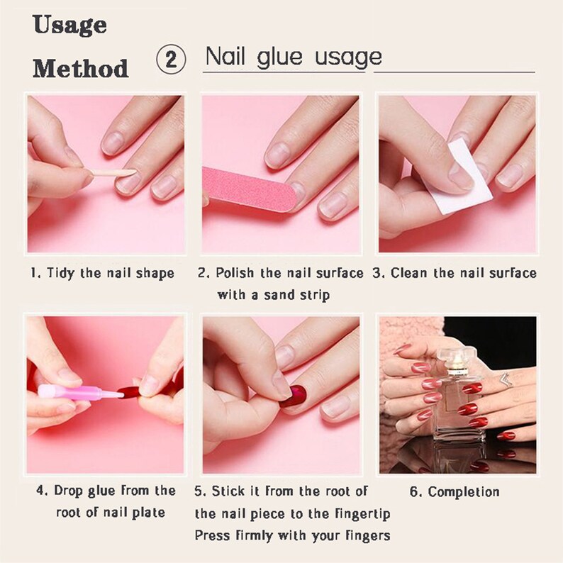 Pode incluir: Um guia passo a passo sobre como aplicar unhas posti&ccedil;as com cola para unhas. As etapas incluem: organizar a forma da unha, polir a superf&iacute;cie da unha com uma tira de lixa, limpar a superf&iacute;cie da unha, deixar cair cola da raiz da placa da unha, colar a pe&ccedil;a da unha na ponta do dedo e pressionar firmemente com os dedos. A etapa final mostra uma m&atilde;o com unhas terminadas.