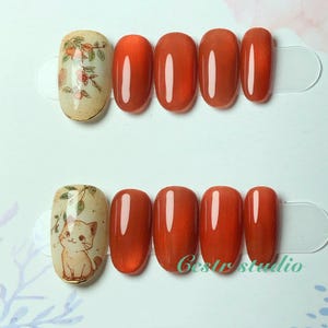Arte de uñas de gato / Uñas postizas pintadas a mano / Uñas otoñales en rojo oxidado / Diseño de uñas de animales adorables / Uñas postizas reutilizables / Regalo para ella