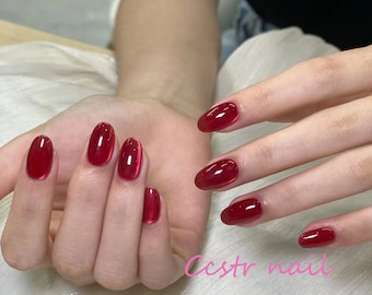 Handmade Red Cat Eye Pressed Nails: Luxury Ruby Nail Art