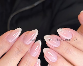 Milky Pink Almond Press On Nails, Glossy Jelly Reusable Fake Nails