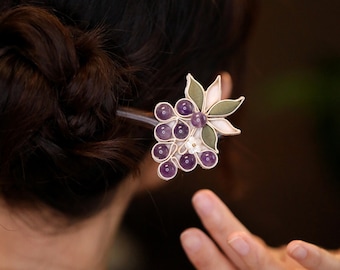 Palo de pelo de sándalo amatista, horquilla de uva, horquilla de piedra natural amatista, horquilla de sándalo, regalos para novias