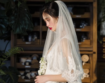 Handmade Elbow Length Lace Wedding Veil: French White Bridal Veil