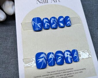 Klein blue and white leaves customized press-on nails , summer fake nails , floral stick-on nails , short fake nails