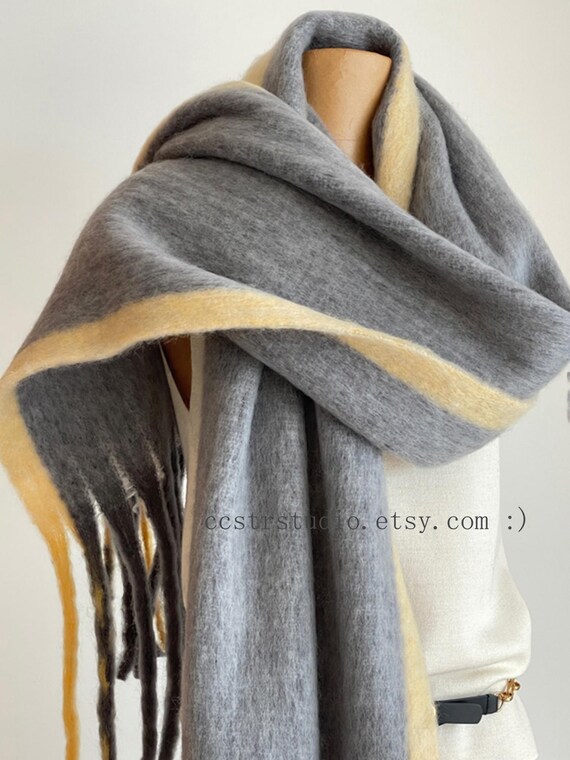 Gray Yellow Mohair Scarf | Long Winter Shawl | Fringe Wrap