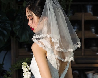 Short Lace Bridal Veil with Comb: Embroidered Two-Layer Tulle Veil