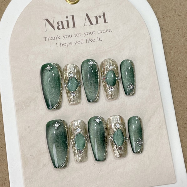 Green Cat Eye Nails, Green Buccellati Cat Eye Handmade Nails, Customizable Nail Art