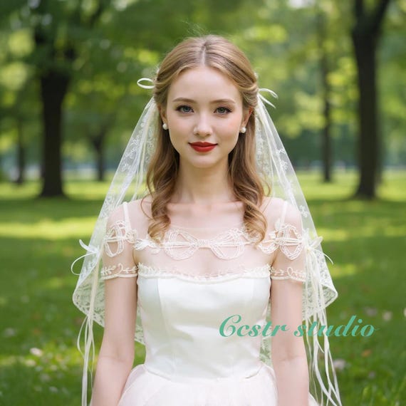 Handmade French Vintage Lace Bridal Veil: Romantic Bow Tulle  display picture 2