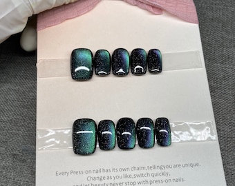 Handmade Cat Eye Press On Nails: Glitter Galaxy Short Square Manicure