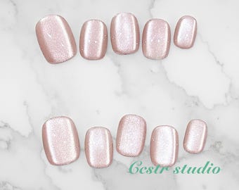Handmade Pink Cat Eye Press On Nails: Shimmer Glossy Gel